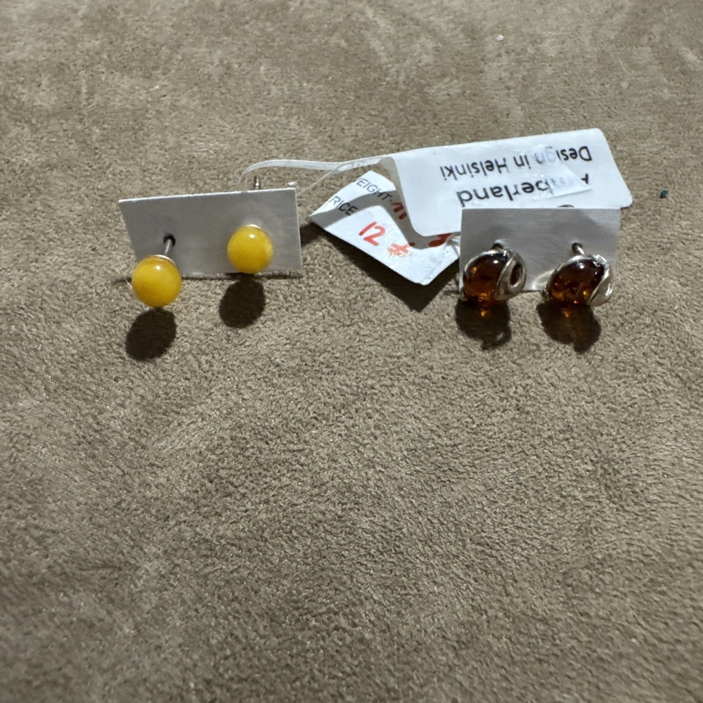 Baltic Amber 925 Sterling Lot Of 2 Pairs Of Stud Earrings NWT  Great Gift!